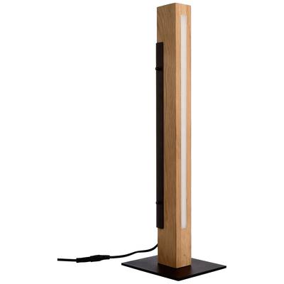 Eine schlanke, moderne Stehlampe aus Holz mit rechteckigem Leuchtstreifen auf einem schwarzen Sockel. Ideal für stilvolle Innenräume.