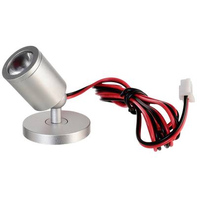 Kleine LED-Leuchte auf rundem Sockel mit einstellbarem Kopf. Angeschlossen an rote und schwarze Kabel mit einem weißen Stecker.
