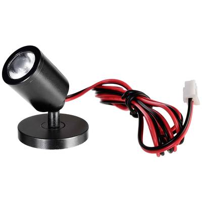 Eine kleine schwarze LED-Lampe mit rotem und schwarzem Kabel, neben einem weißen Anschlussstecker. Ideal für kompakte Beleuchtungslösungen.