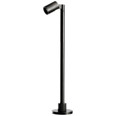 Schwarze, schlichte Stehleuchte mit rundem, neigbarem Lampenkopf auf einem dünnen, stabilen Standfuß. Ideal fürs moderne Wohndesign.