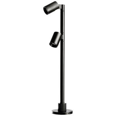 Schwarze Stehlampe mit zwei verstellbaren, zylinderförmigen Leuchten, vertikal an einem schlanken, stabilen Standfuß befestigt.