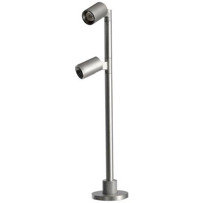 Silberfarbene, moderne Stehlampe mit zwei verstellbaren Leuchtköpfen, geeignet für gezielte Beleuchtung von Innenräumen.