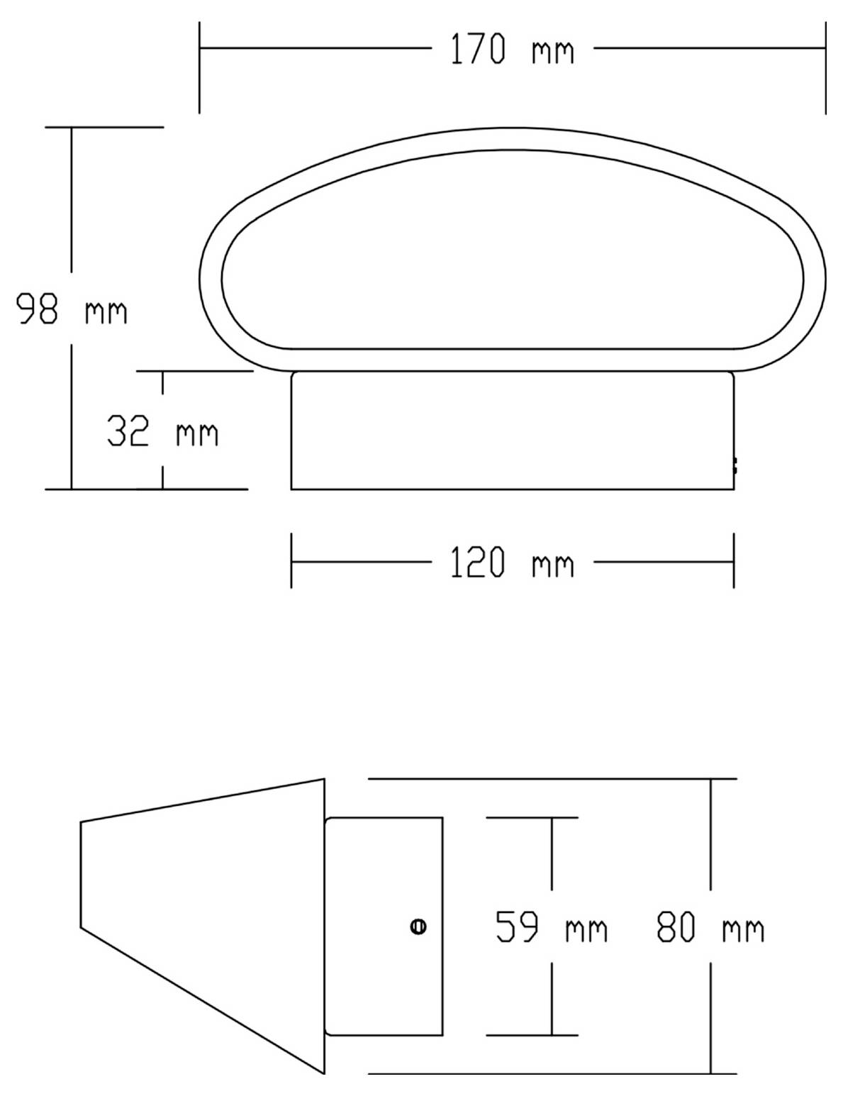 Technische Maßzeichnung eines Bauteils mit abgerundeter Oberseite, mit Gesamtabmessungen von 170 mm × 98 mm, einer Grundbreite von 120 mm sowie Seitenansichtsmaßen von 80 mm und 59 mm.