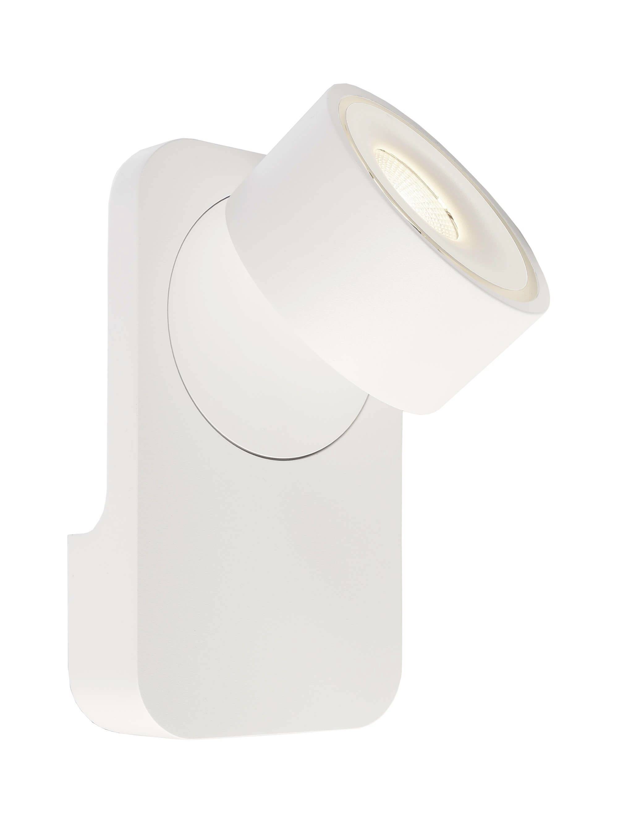 Weiße Wandleuchte mit zylindrischem, schwenkbarem Kopf. Moderne, minimalistische Gestaltung für gezielte Beleuchtung.