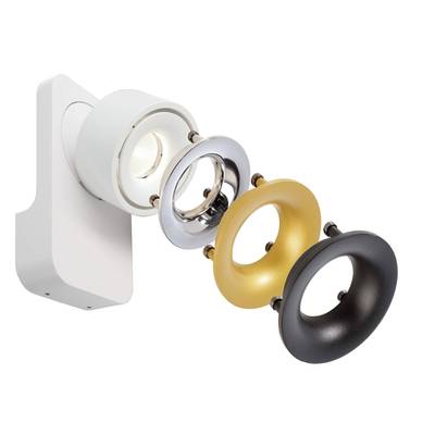 Ein LED-Strahler mit austauschbaren, farbigen Ringen in Weiß, Silber, Gold und Schwarz, die nebeneinander gezeigt werden.