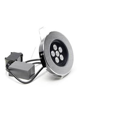 Ein rundes LED-Downlight mit fünf leuchtenden Dioden und einem angeschlossenen elektronischen Konverter, vor weißem Hintergrund.
