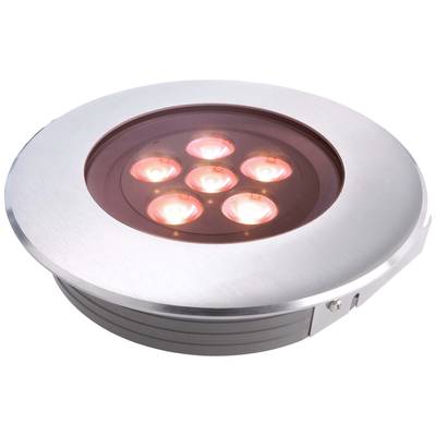 Ein runder, eingebauter LED-Strahler aus Metall mit sechs leuchtenden LEDs. Geeignet für Bodeninstallationen oder Akzentbeleuchtung.