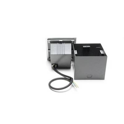 Ein graues elektrisches Gehäuse mit abnehmbarer Abdeckung, verbunden mit einem Kabel, das aus der Rückseite herausragt.