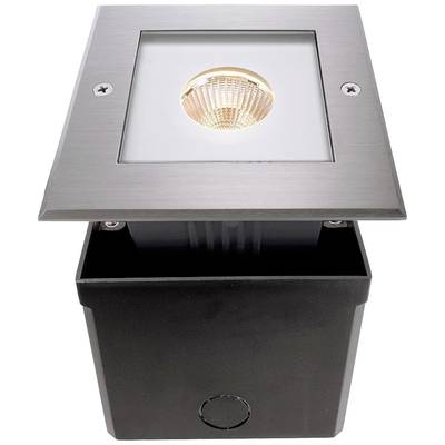 Leuchte mit quadratischem Metallrahmen und Glasabdeckung, zeigt eine runde LED-Lampe im Inneren. Gehäuse aus schwarzem Metall.