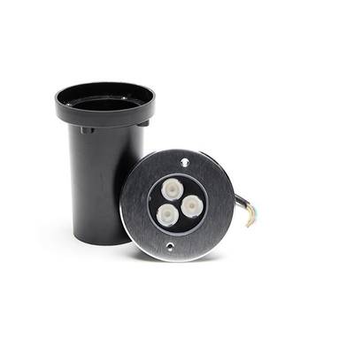 'Rundes LED-Bodeneinbaulicht schwarz' zeigt ein Gehäuse mit drei LEDs und Kabelanschluss, zur Beleuchtung von Gehwegen oder Gärten.