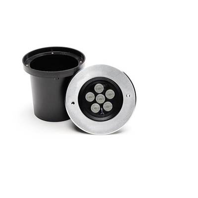 Runde Bodeneinbauleuchte mit Metallrand und schwarzem Gehäuse. Sichtbare LED-Lampen im Inneren. Geeignet für Außenbeleuchtung.