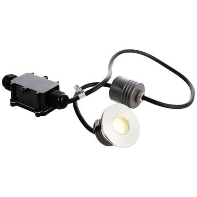 Ein rundes Unterwasserlicht mit Kabel und Anschlussbox, geeignet für den Einsatz in Pools oder Springbrunnen.