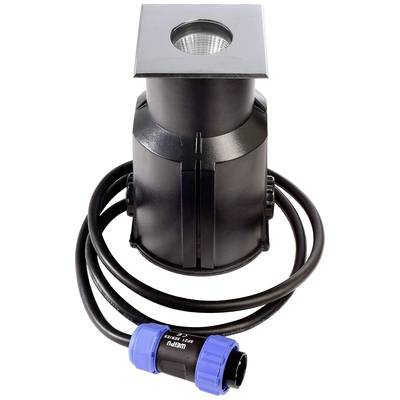 Ein schwarzer LED-Bodeneinbaustrahler mit Kabel und Stecker, geeignet für Außenbeleuchtung.