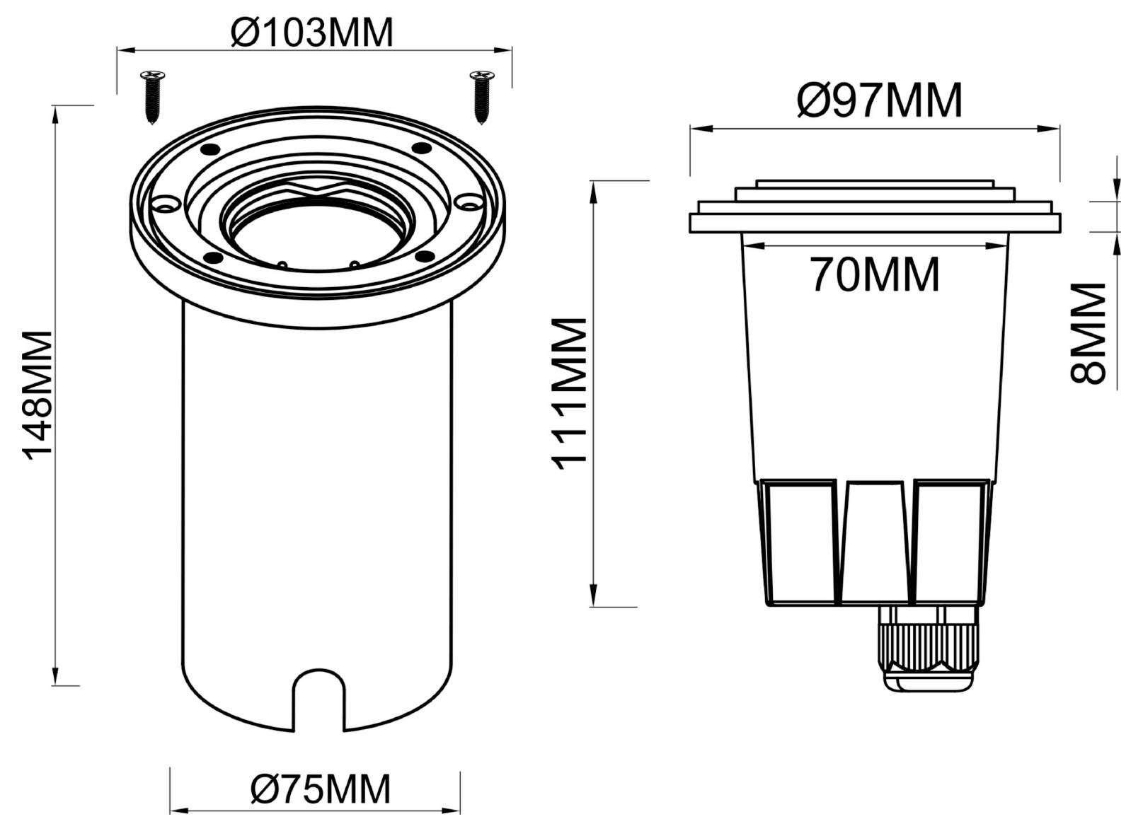 Technische Zeichnung eines zylindrischen Bauteils in Drauf- und Seitenansicht, mit den Bemaßungen Ø103MM, Ø97MM, Ø75MM, 148MM, 111MM, 70MM und 8MM.