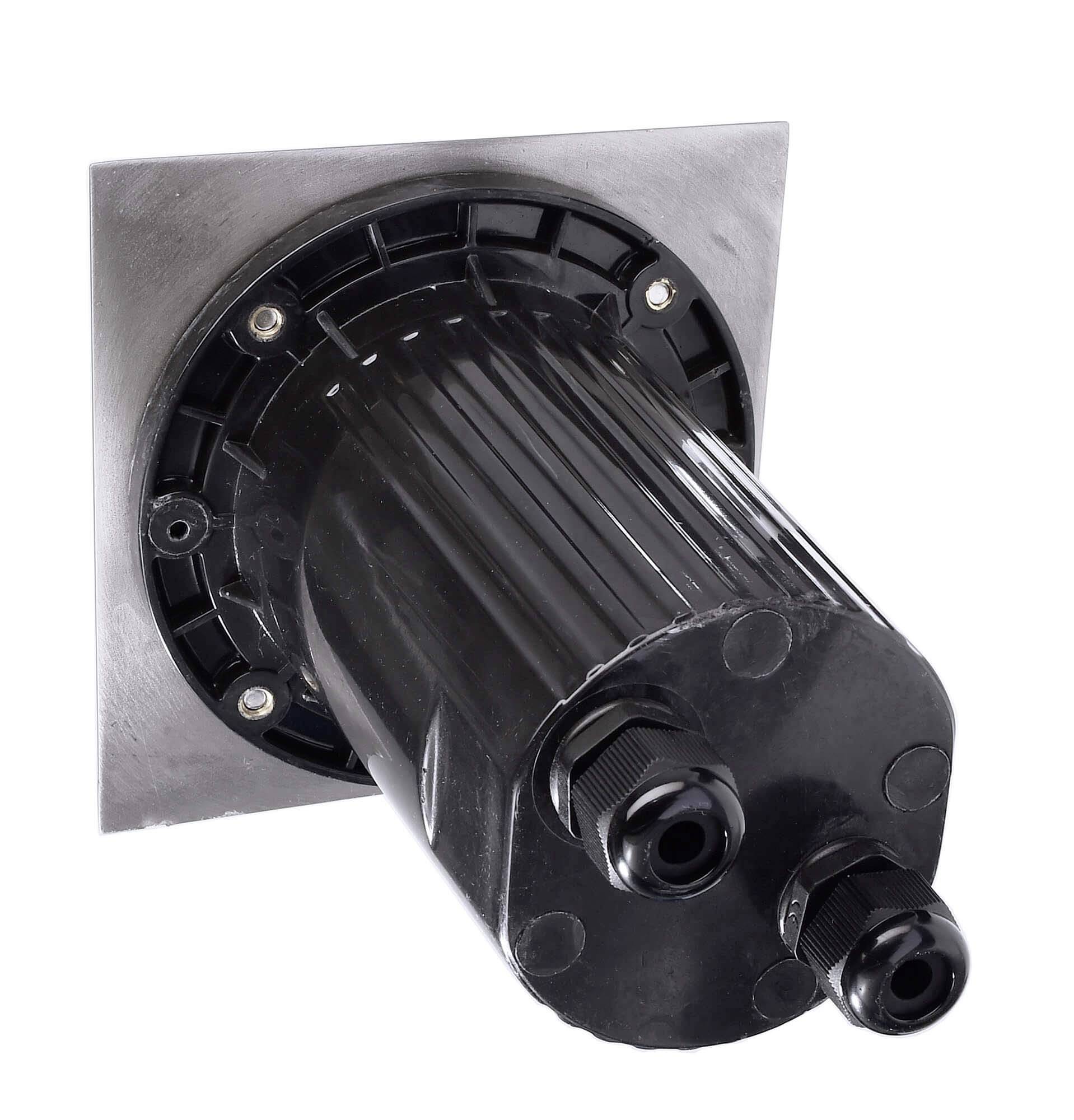 Ein schwarzes zylindrisches mechanisches Bauteil ist an einer quadratischen Metallplatte befestigt, mit Anschlüssen auf der Vorderseite.