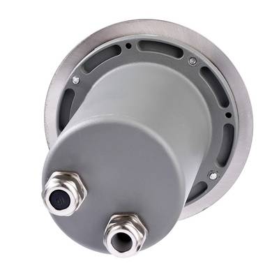 Zylindrisches technisches Gerät mit zwei Anschlüssen oben. Metallgehäuse und kreisförmige Basis. Verwendet für industrielle Anwendungen.