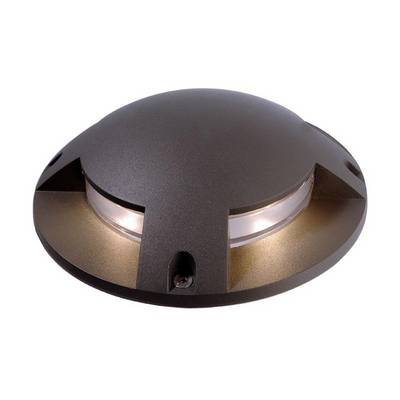 Runde, flache Außenleuchte aus Metall mit einem durchsichtigen Teil, das Licht gleichmäßig verteilt. Geeignet für Bodenmontage.