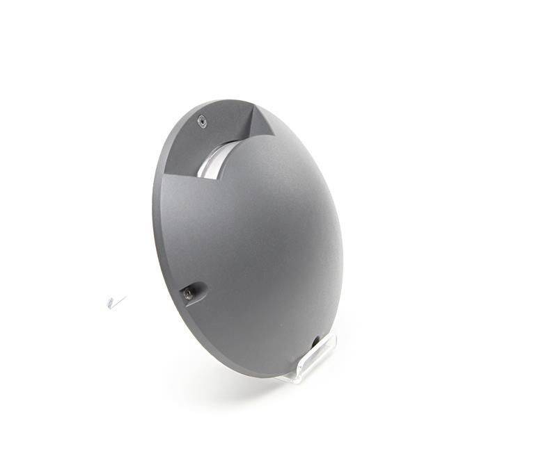 Rundes, graues LED-Wandlicht aus Metall zur seitlichen Beleuchtung, geeignet für den Außenbereich.