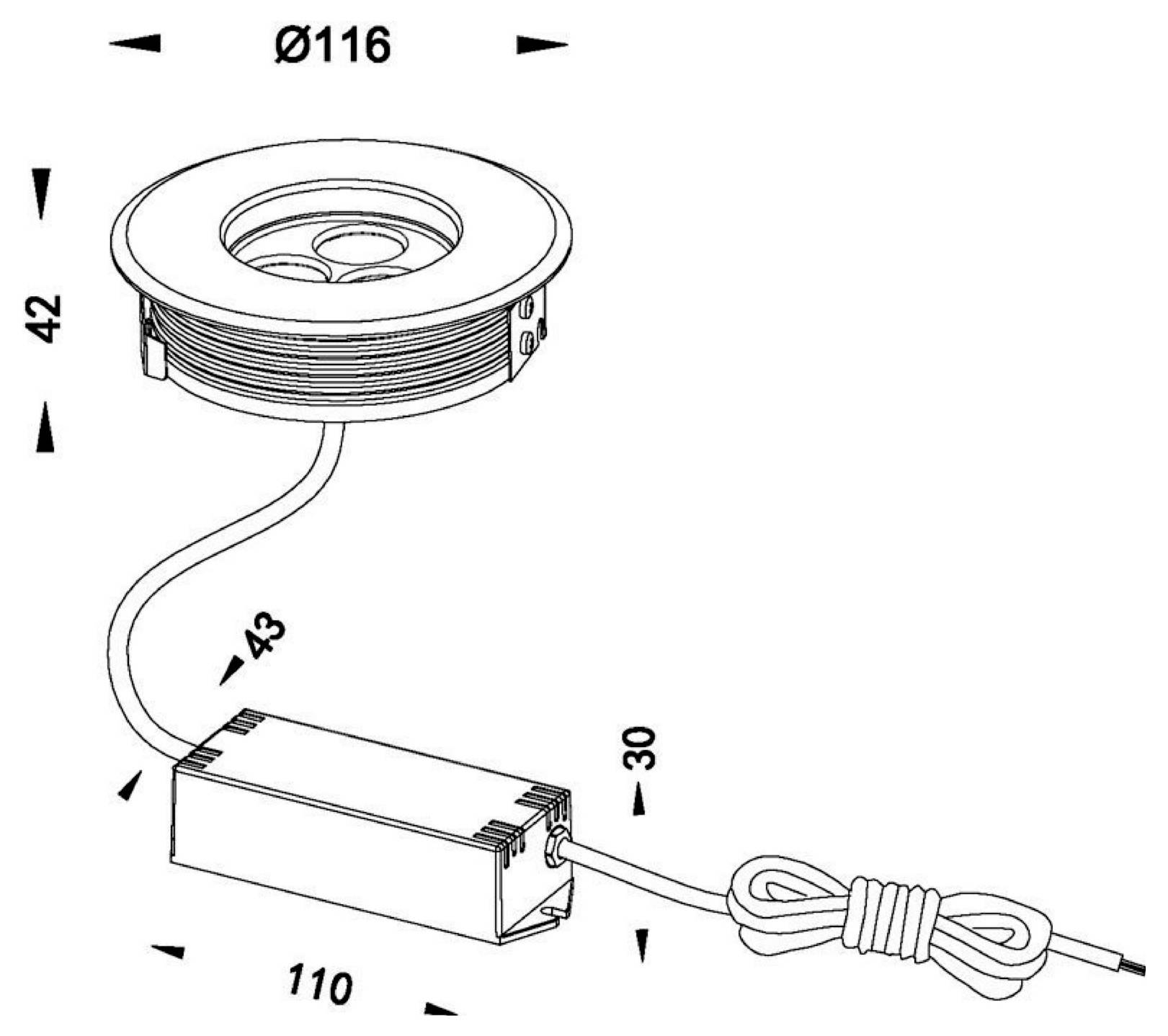 Diagramm einer Einbauleuchte mit Treiber, mit den Abmessungen Ø116, 42, 43, 30 und 110 mm sowie dem angeschlossenen Netzkabel.