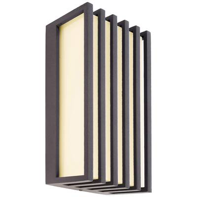Außenwandleuchte mit modernem, rechteckigem Design, schwarzen Rahmen und warmweißem, schimmerndem Licht. Geeignet für stilvolle Außenbereiche.
