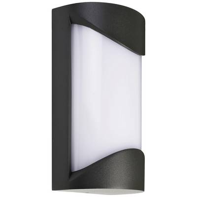 Schwarze Wandleuchte mit weißem, vertikalem Lichtpaneel, geeignet für Außenbereich. Modernes Design, reduziert auf wesentliche Linien.