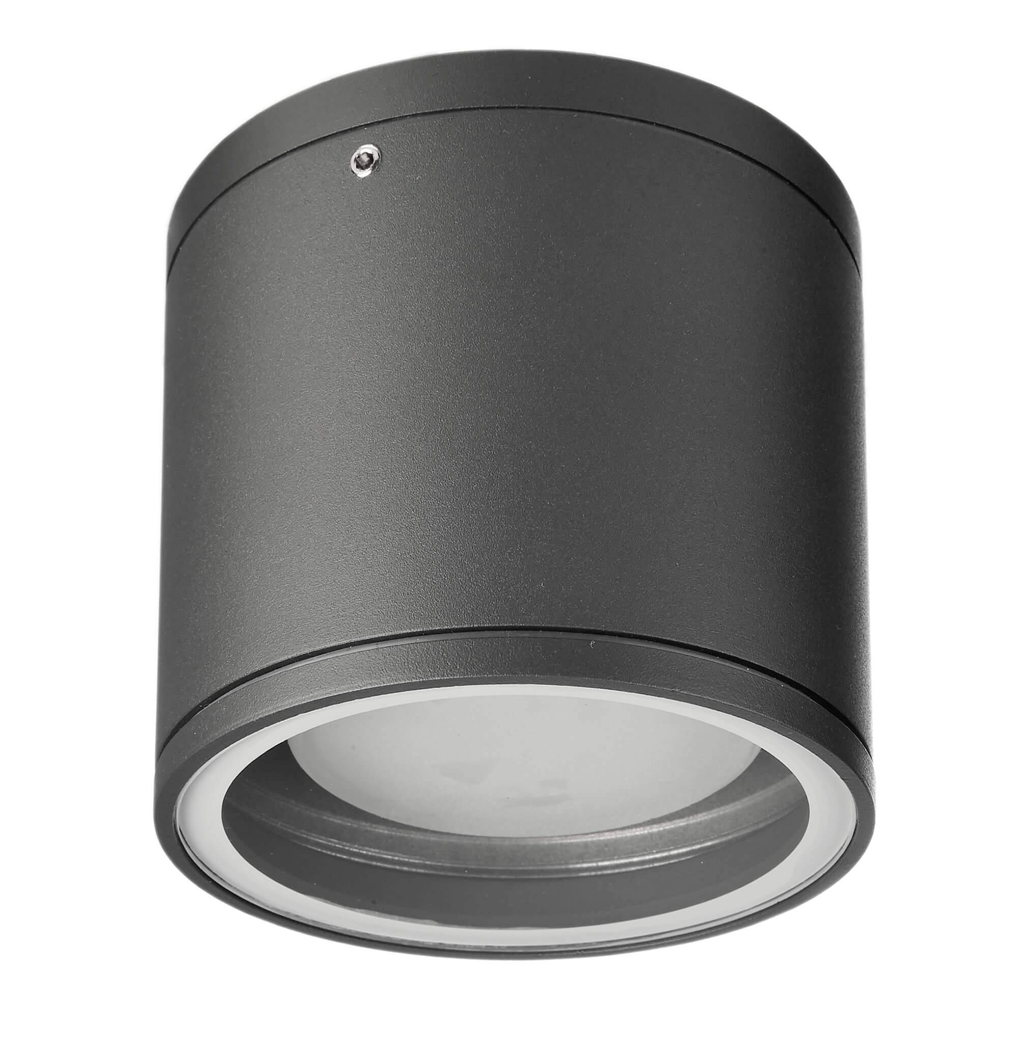 Runde schwarze Deckenleuchte mit schlichtem Design, geeignet für moderne Räume; zylindrische Form und schlichtes Glas.