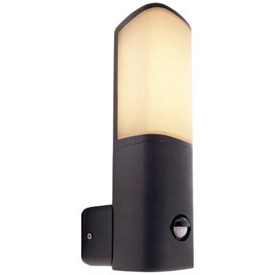 Schwarze, zylinderförmige Außenwandleuchte mit Bewegungsmelder und warmweißem Licht. Ideal für die Beleuchtung von Eingängen.