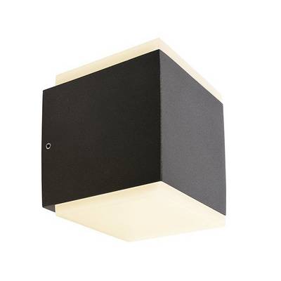 Eine moderne, schwarze Wandleuchte in Würfelform mit hellem, leuchtendem Unterteil. Ideal für stilvolle Innenbeleuchtung.