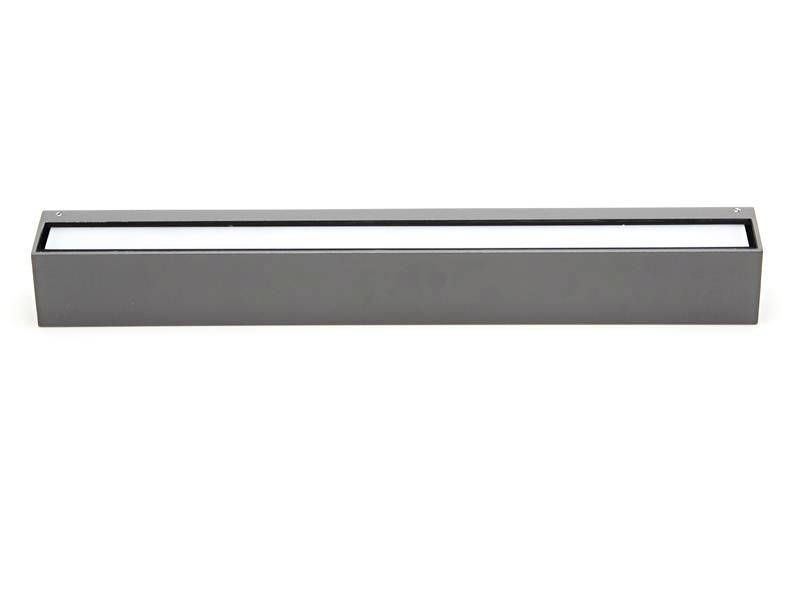 Graue, rechteckige LED-Lampe in horizontaler Ausrichtung, beleuchtet. Minimalistisches Design ohne sichtbare Details.