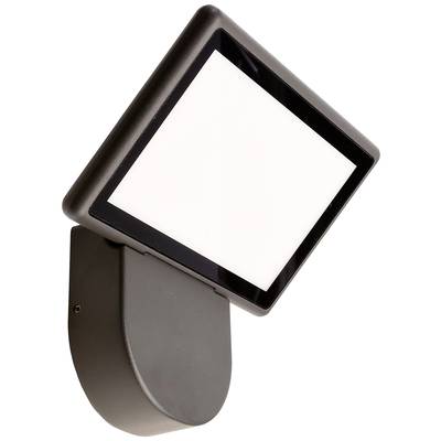 Quadratische LED-Außenleuchte mit schwarzem Gehäuse und weißem Leuchtfeld, an einer Wandhalterung befestigt.