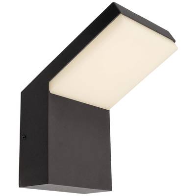 Eine moderne schwarze Wandlampe mit rechteckigem, milchigem Schirm, die nach unten strahlt. Ideal für Außeneinsatz.