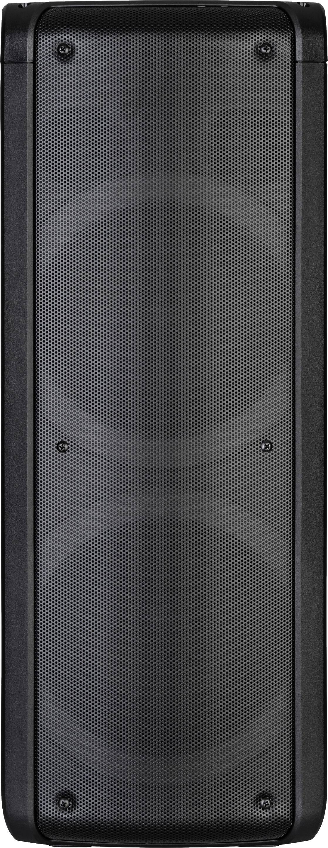 Schwarzer Lautsprecher mit vertikalem Design. Enthält zwei große Treiber hinter einem Metallgitter. Geeignet für Musik- oder Klangwiedergabe.