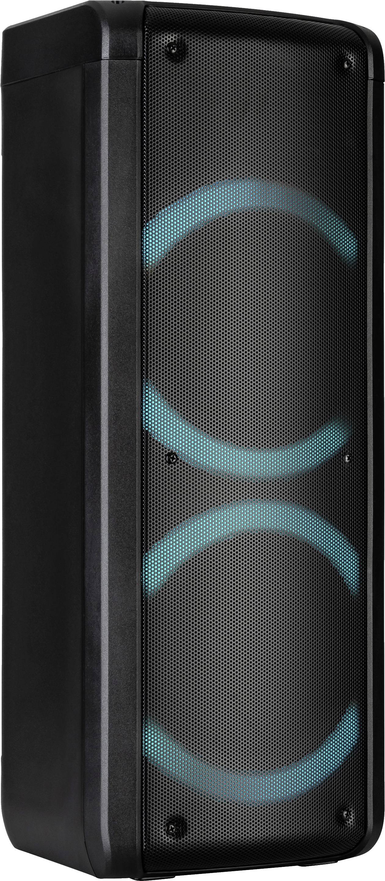 Ein schwarzer, rechteckiger Lautsprecher mit zwei leuchtenden, türkisfarbenen LED-Ringen vorne. Ideal für Partys und Veranstaltungen.