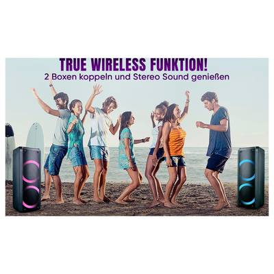 Werbebild mit feiernden jungen Leuten am Strand und zwei Lautsprechern; Text: 'TRUE WIRELESS FUNKTION!' und '2 Boxen koppeln und Stereo Sound genießen'.