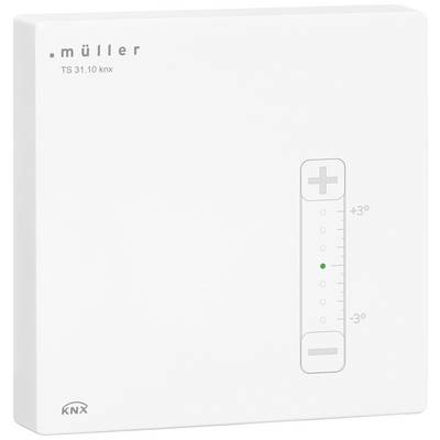 Thermostat mit '+' und '-' Knöpfen zur Temperaturregelung auf einem weißen Gerät mit Aufschrift 'müller TS 31.10 knx'.