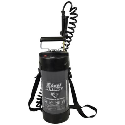 Ein schwarzer, zylindrischer Sprüher mit Griff, langer Schlauchtülle und Tragegurt. Aufschrift 'Steel Master V5 Professional Sprayer'.
