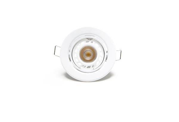 In die Decke eingebauter runder LED-Strahler in Weiß mit sichtbarer Glühbirne in der Mitte.