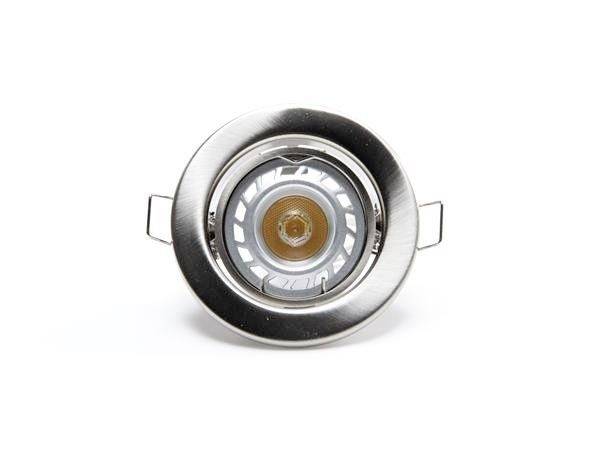 Einbauleuchte mit rundem Edelstahlrahmen und LED-Licht im Inneren.