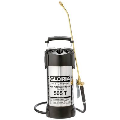 'GLORIA 505 T Hochleistungssprüher.' Ein silberner und schwarzer Drucksprüher mit langem Sprührohr und Tragegriff, geeignet für professionelle Anwendungen.