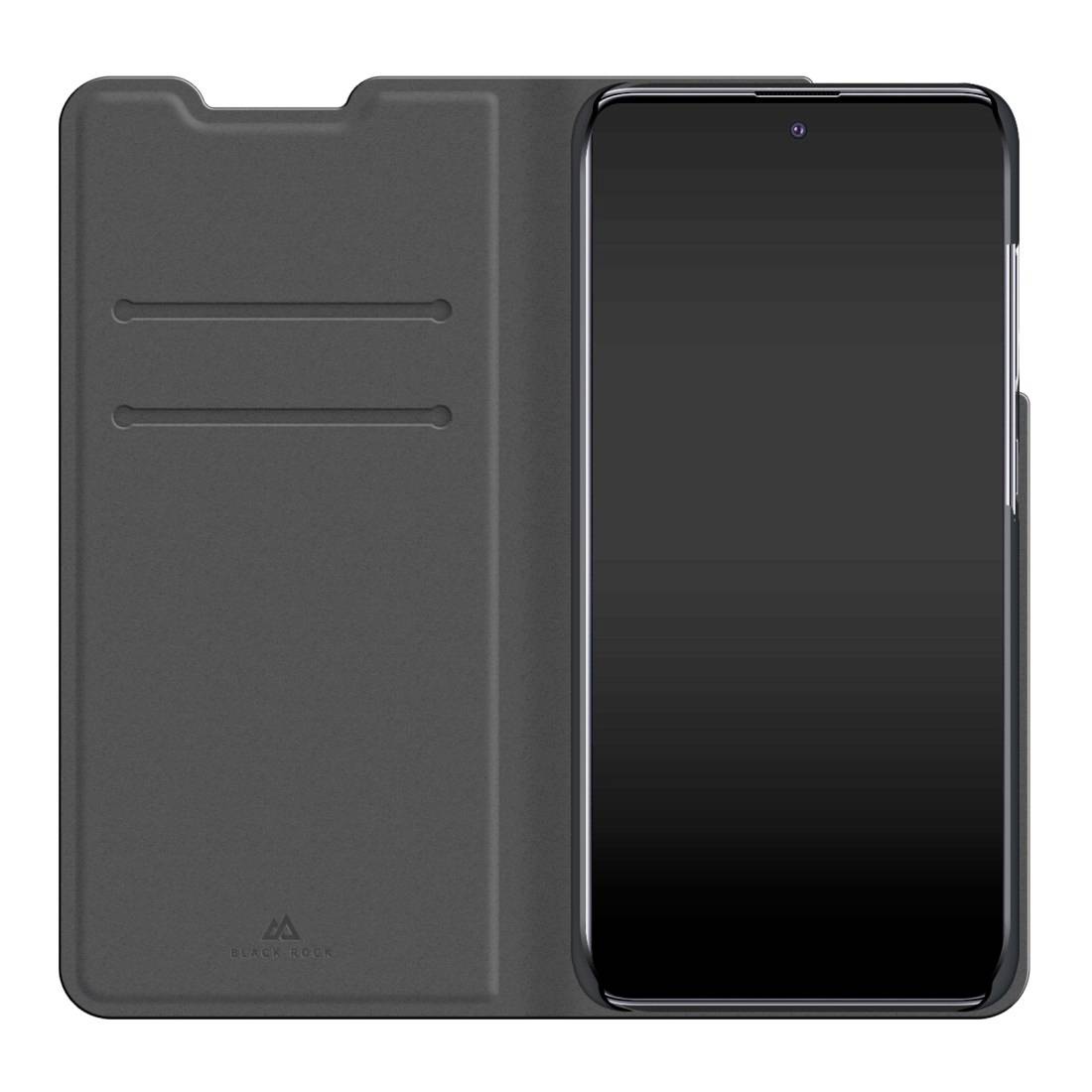 Smartphone in einer geöffneten schwarzen Schutzhülle mit zwei Kartenschlitzen. Der Bildschirm ist aus, und die Hülle ist schlicht gestaltet.