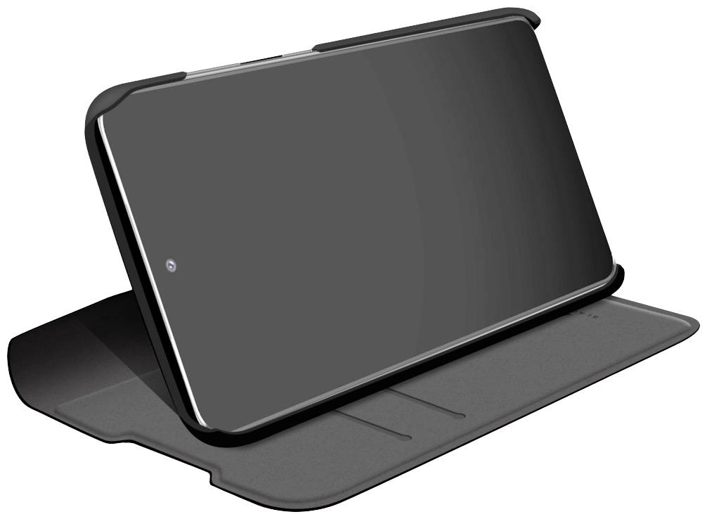 Smartphone in schwarzem Klappetui, in horizontaler Position geöffnet, das Display zeigt nach oben, schwarzer Hintergrund.