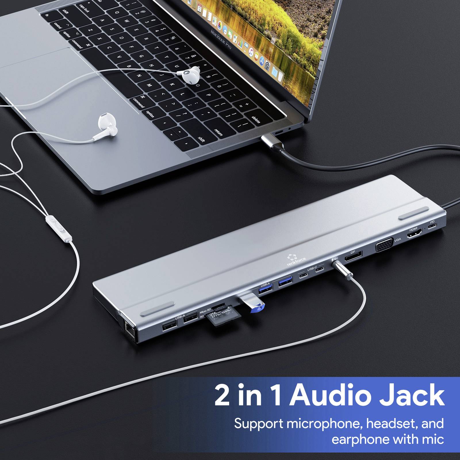 Laptop mit multimedialer Dockingstation; Kopfhörer eingesteckt. Text '2 in 1 Audio Jack' betont Audioanschluss für Mikrofon und Kopfhörer.