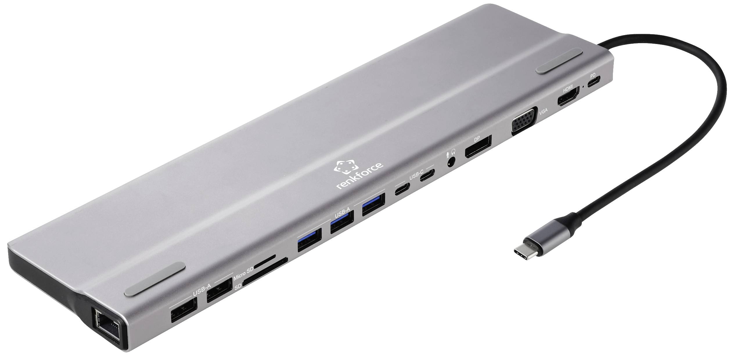 USB-C-Dockingstation mit mehreren Anschlüssen: USB, HDMI, VGA, Ethernet und mehr. Geeignet für Laptops zum Anschließen externer Geräte.