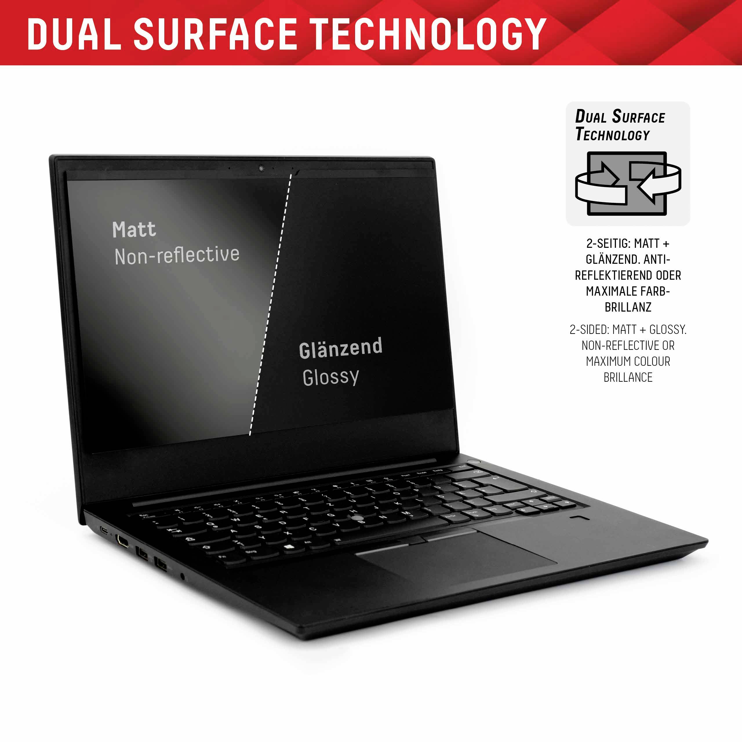 'Laptop mit Dual Surface Technology: Bildschirm zeigt links matte, nicht-reflektierende Oberfläche und rechts glänzende, reflektierende Oberfläche. Text erklärt die Eigenschaften beider Seiten.'