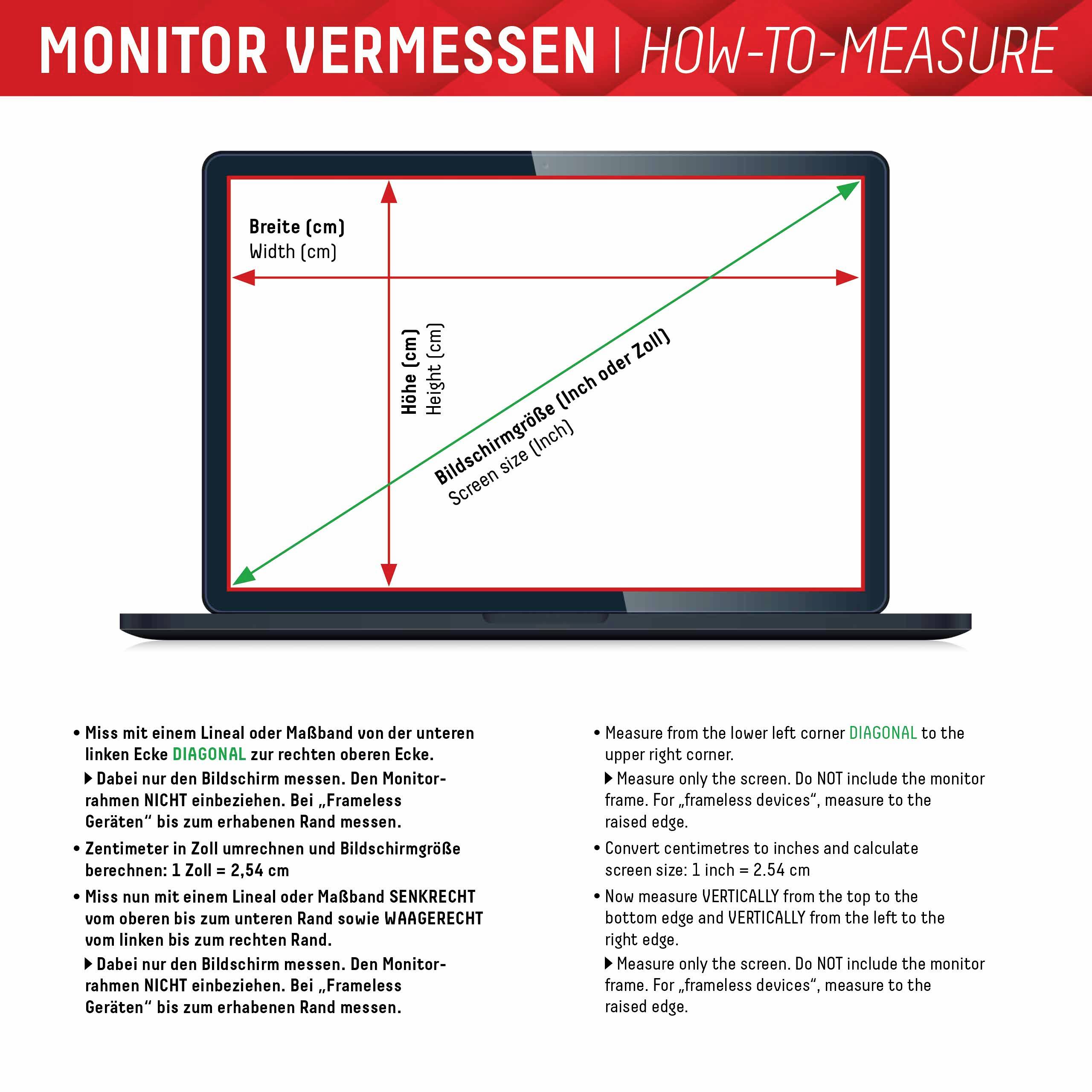 'Monitor vermessen' Anleitung: Messen Sie von der unteren linken Ecke diagonal zur oberen rechten Ecke. Breite, Höhe und Bildschirmdiagonale dargestellt.