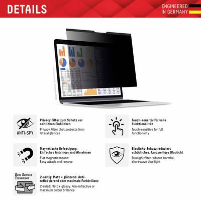 'Laptop mit Blickschutzfilter, der blickwinkelabhängig den Inhalt schützt. Grafiken auf dem Bildschirm, umgeben von erklärenden Icons.'