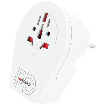 Adaptierstecker von SKROSS mit weißem Gehäuse, seitlichem Schriftzug und unterschiedlichem Steckdoseneingang für internationale Nutzung.