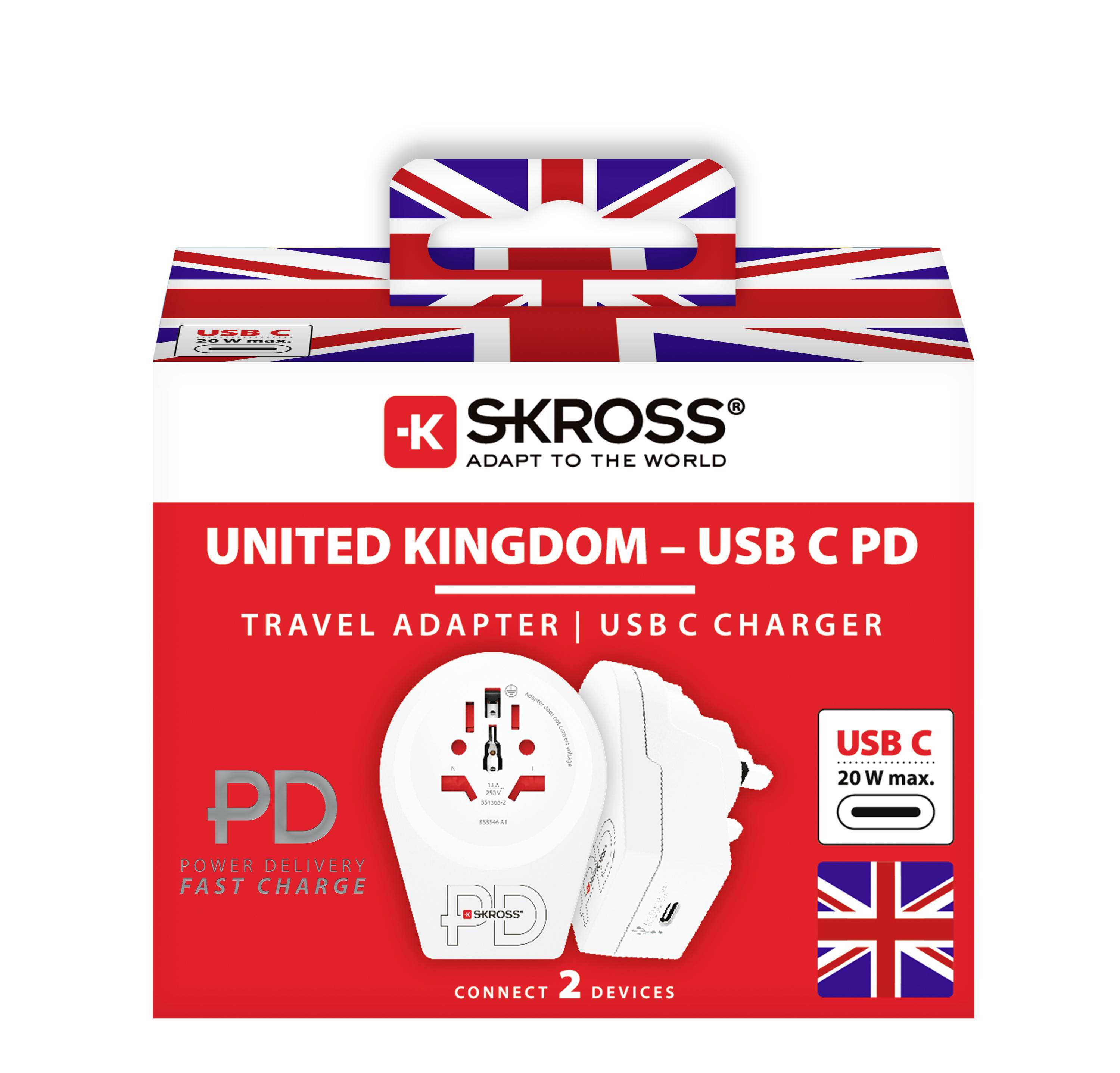 'SKROSS Reiseadapter für Großbritannien mit USB-C. Weiß, 20W Ladung, geeignet für 2 Geräte. Verpackung mit britischer Flagge.'