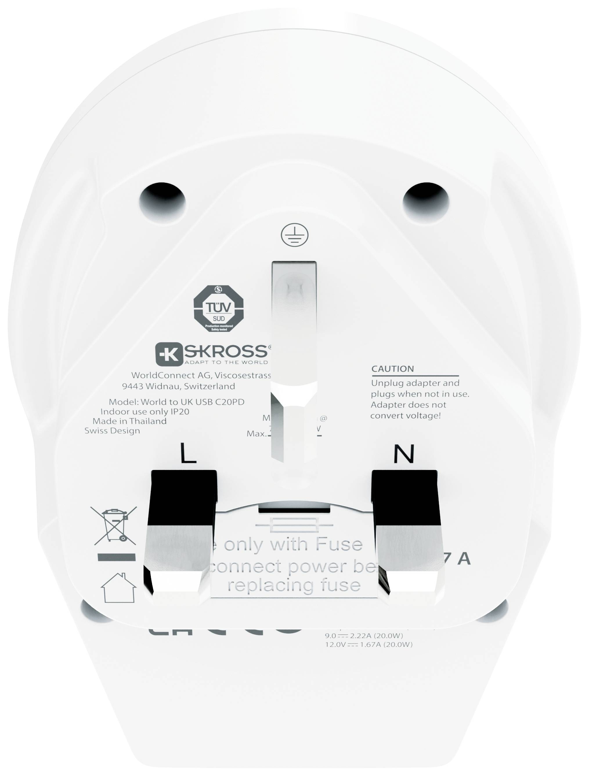 Adapter von Skross mit Tasten zum Ein- und Ausschalten, L- und N-Klemmen. Hinweis: 'Nur mit Sicherung verwenden'.