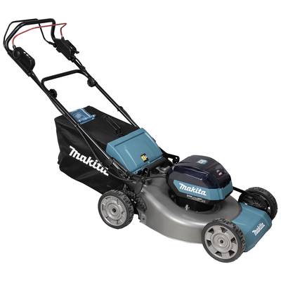 Elektro-Rasenmäher mit blauem Gehäuse, schwarzem Fangkorb und verstellbarem Griff, geeignet für mittelgroße Rasenflächen.